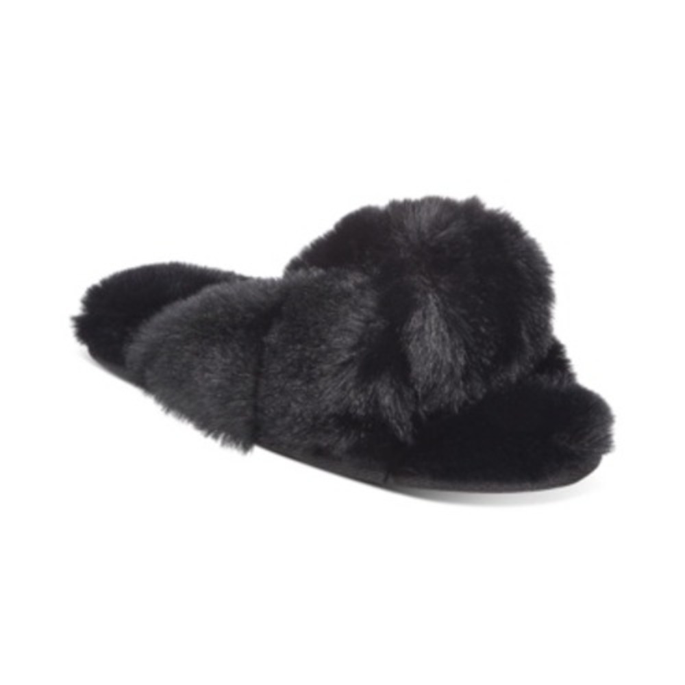 Women's‎ Faux-Fur Solid Crossband Slippers - Deep Black - Size M (7-8)